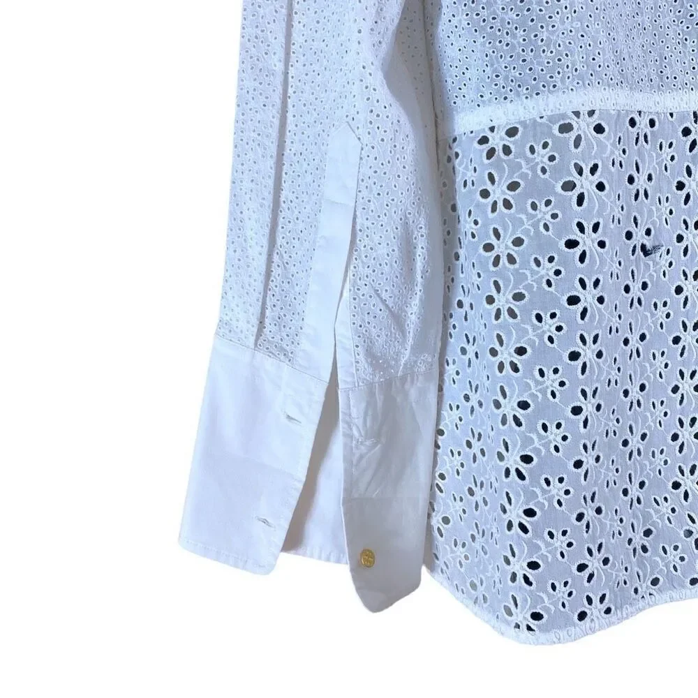 Tory Burch Ivory Eyelet Patchwork Button Down 3/4 Sleeve Shirt